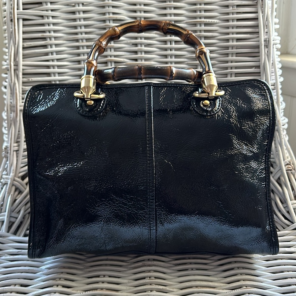 Talbots Black Patent Satchel with Bamboo Handles - Picture 3 of 16